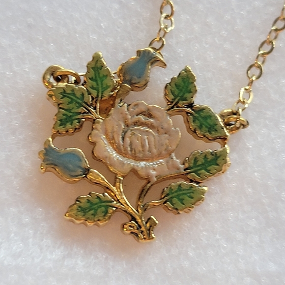 Vintage 1928 Gold Enamel Floral Pendant Necklace - Picture 7 of 11